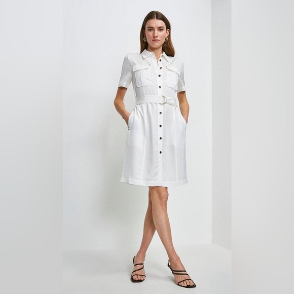 Women's 4 S Small Designer Karen Millen White belted Tailored Utility Dress - Picture 1 of 11